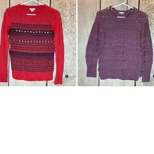 Closet clean out. Sweater. Red scoop neck black jewels. Pink knit high neck.